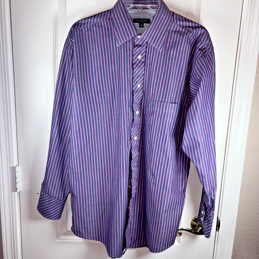 Men's Ted Baker Button Down Shirt Navy Blue‎ & Fuchsia Pinstripe Long Sleeve